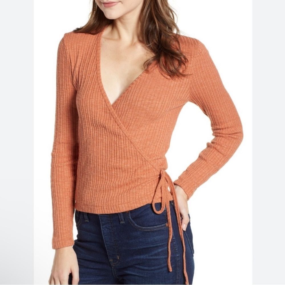 Madewell Ballet Ribbed Wrap Top Sz M Long Sleeve Tie Stretch Balletcore Casual